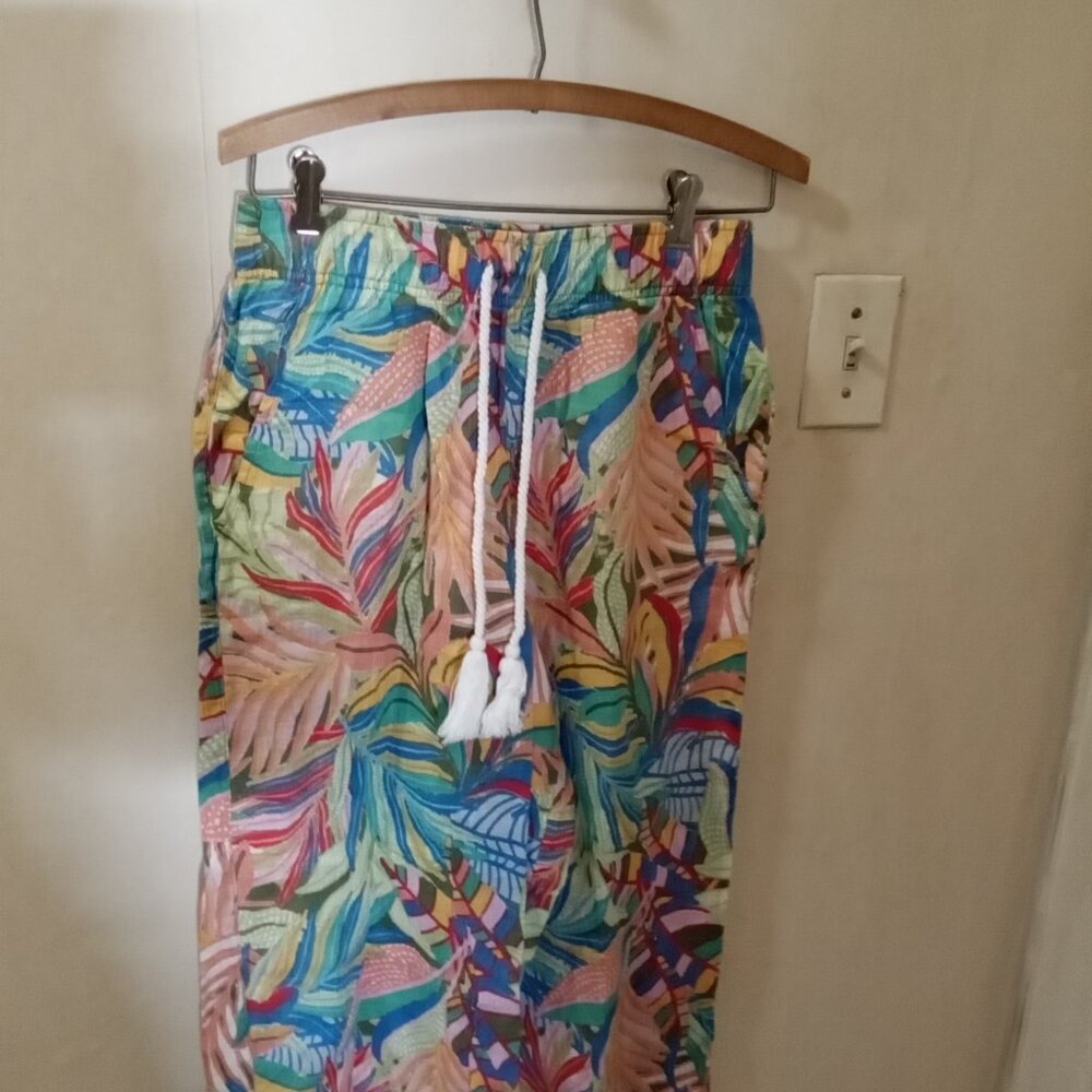 C&C California Linen Pants Sz S Tropical Floral Wide Leg Pull On orange blue - Picture 2 of 4